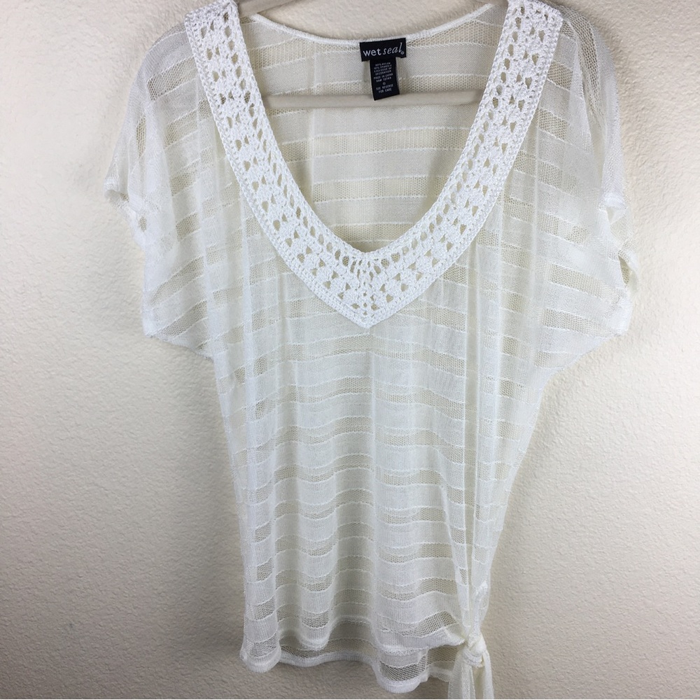 Wet Seal Y2K  Sheer Striped Ivory V-Neck Crochet Over Blouse Size Small